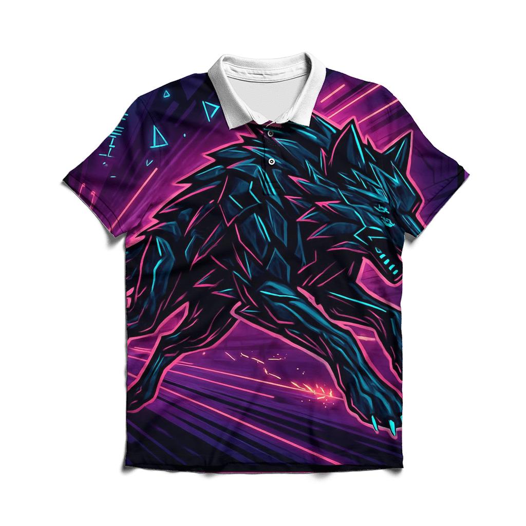 Obsidian Circuit Wolf In The Neon Forge premium cotton polo shirts