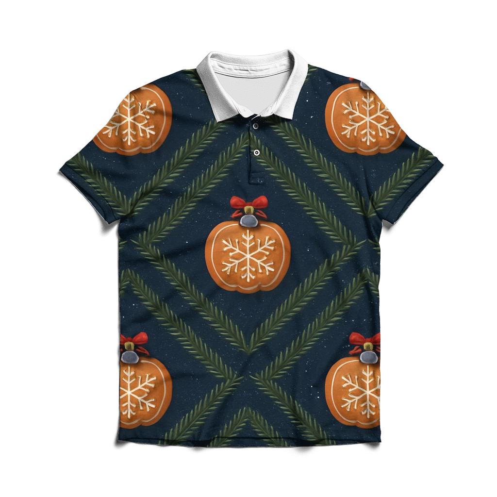 Midnight Fir Needle Stripe Grid With Gingerbread Pumpkin Baubles designer slim fit polos