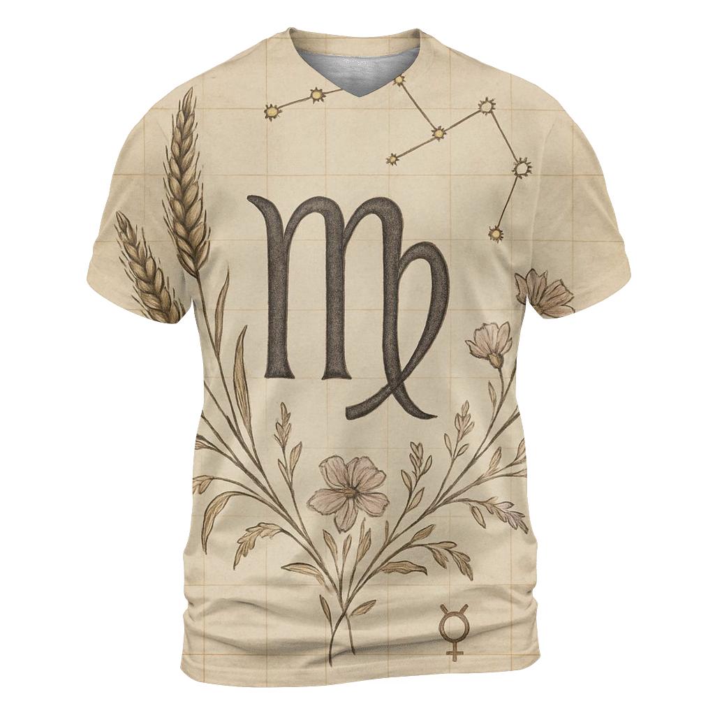 Virgo Wheat Glyph With Celestial Botanical Chart vibrant all-over design tees
