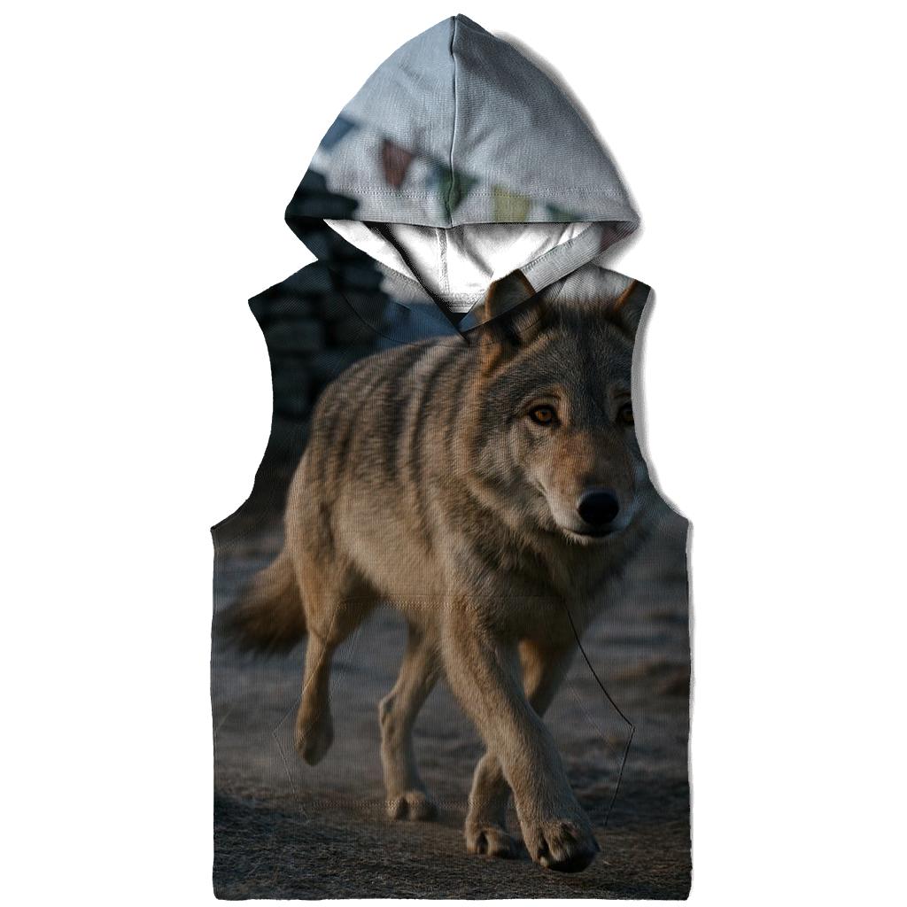 Tibetan Wolf Under Prayer Flags At Dawn embroidered hoodies