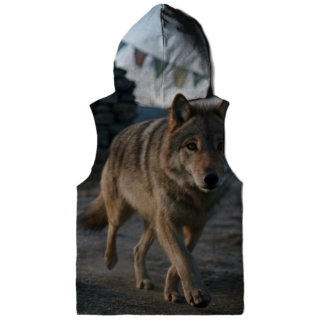 Tibetan Wolf Under Prayer Flags At Dawn embroidered hoodies