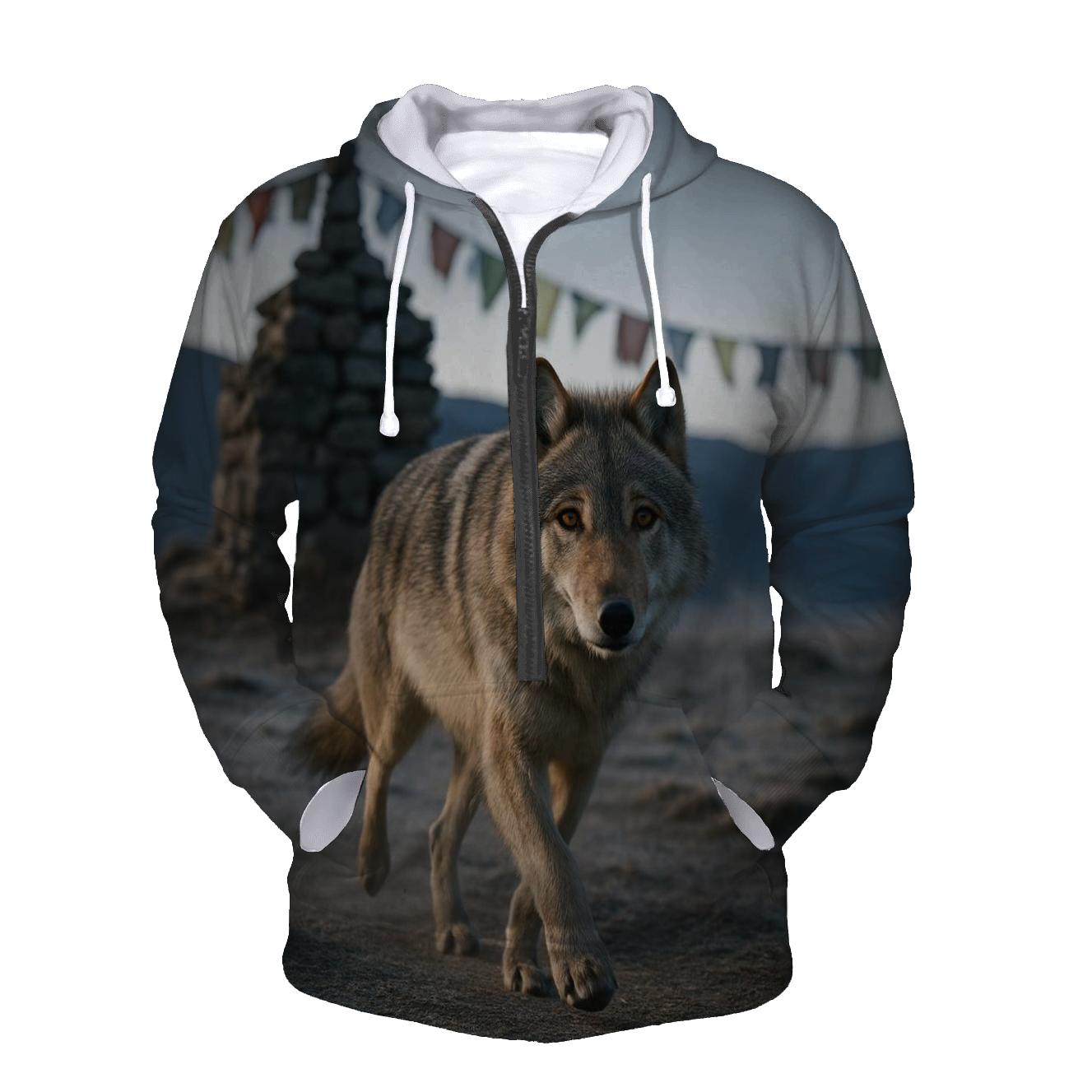 Tibetan Wolf Under Prayer Flags At Dawn hoodie designs