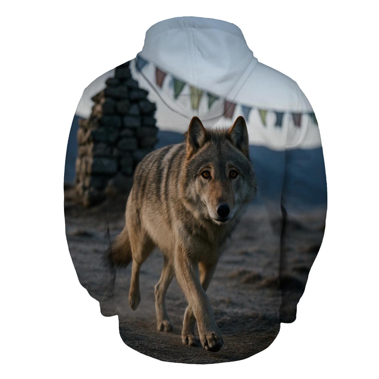 Tibetan Wolf Under Prayer Flags At Dawn hoodie designs