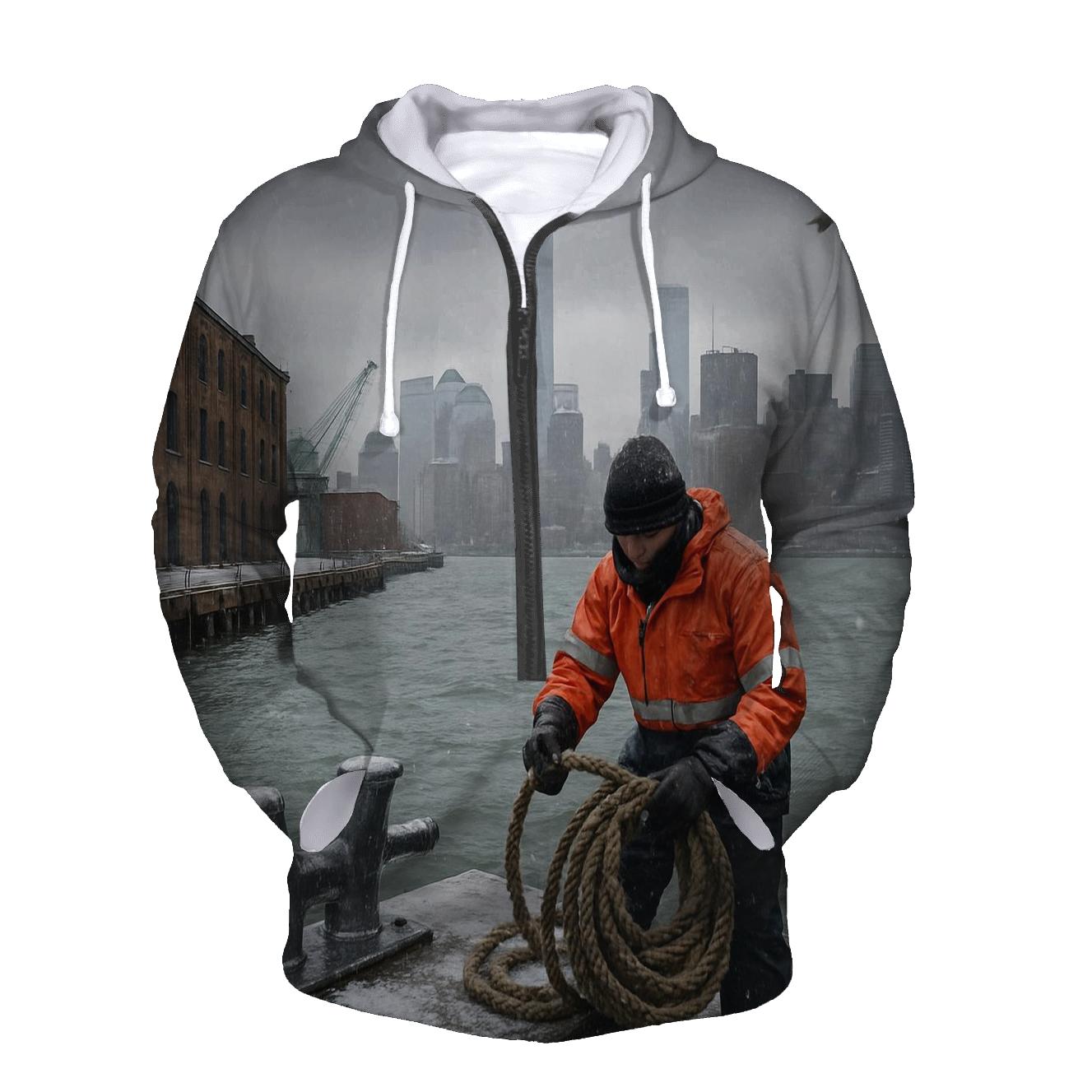 First Snow Over Lower Manhattan From Red Hook Waterfront embroidered hoodies