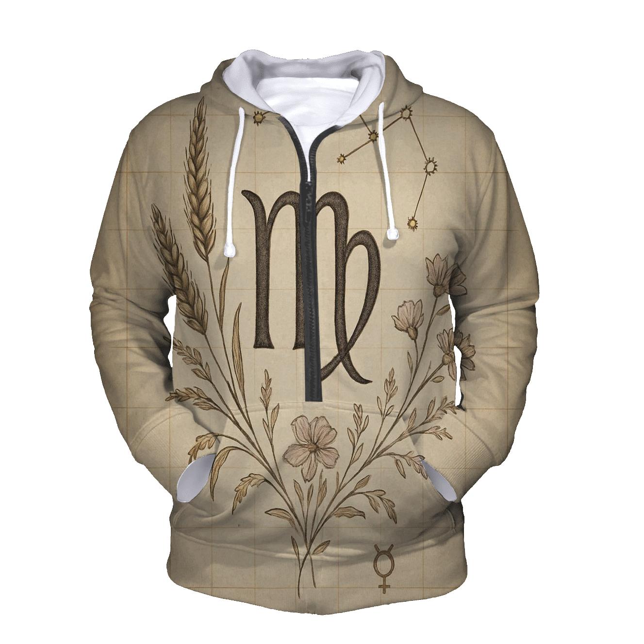 Virgo Wheat Glyph With Celestial Botanical Chart zip-up hoodies