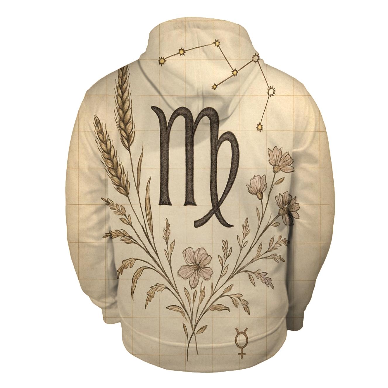 Virgo Wheat Glyph With Celestial Botanical Chart zip-up hoodies