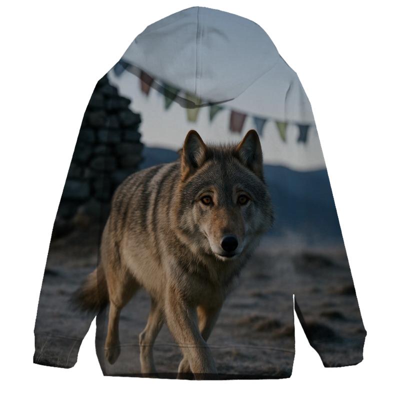 Tibetan Wolf Under Prayer Flags At Dawn hoodie designs