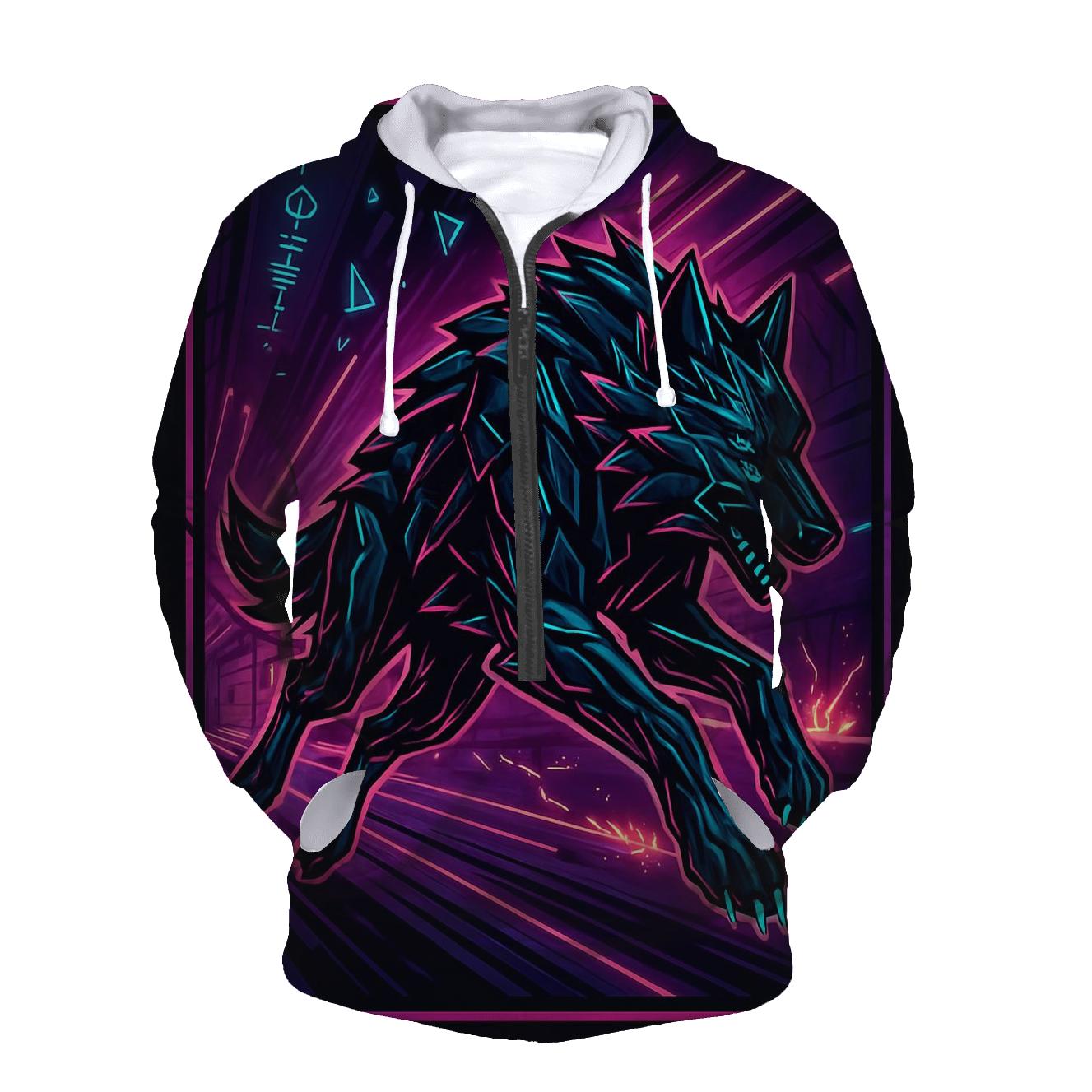 Obsidian Circuit Wolf In The Neon Forge zip-up hoodies
