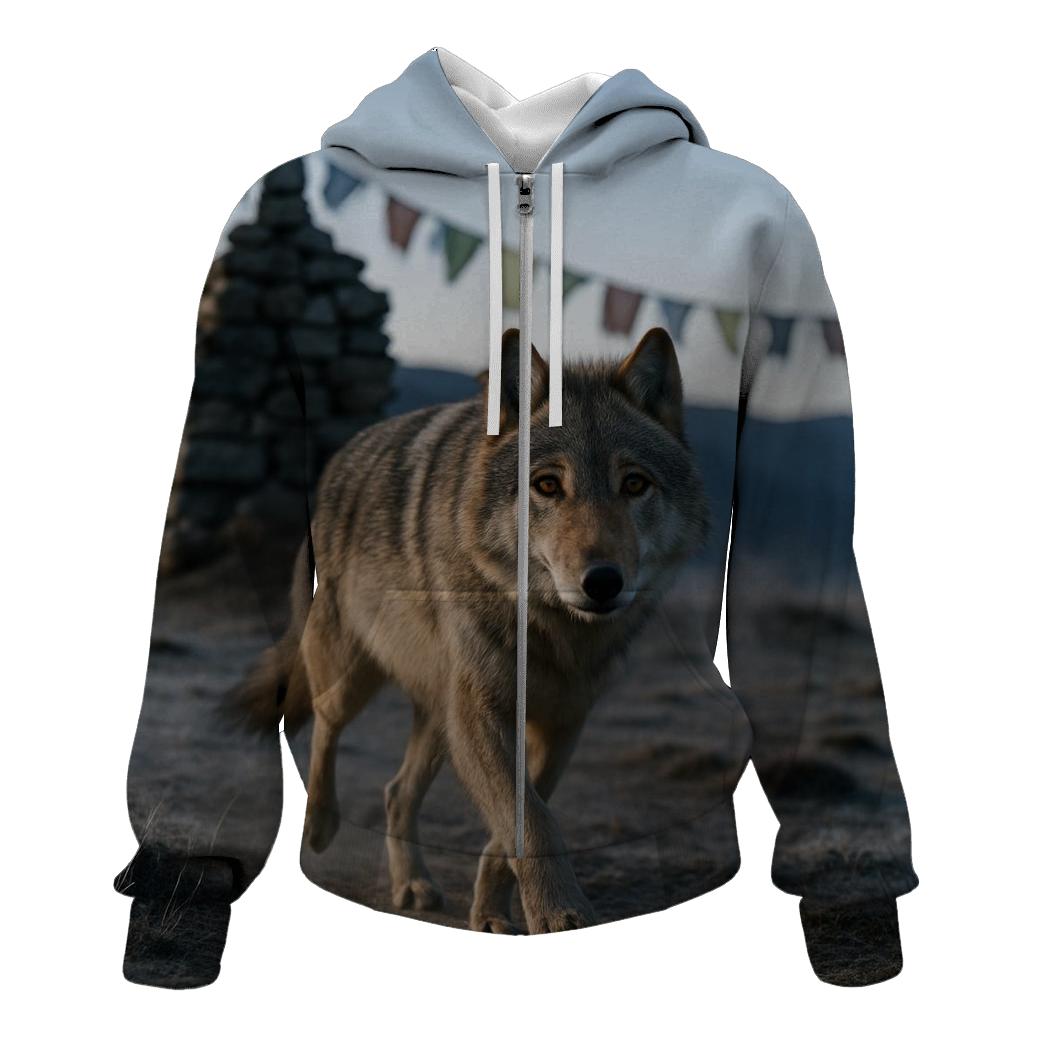Tibetan Wolf Under Prayer Flags At Dawn hoodie designs