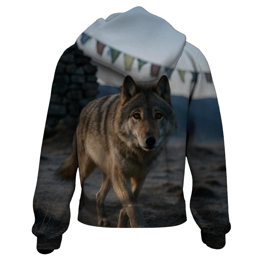 Tibetan Wolf Under Prayer Flags At Dawn hoodie designs