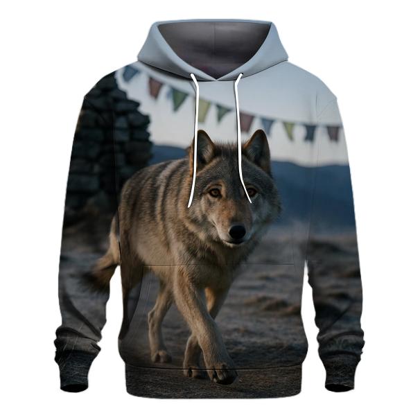 Tibetan Wolf Under Prayer Flags At Dawn heavyweight hoodies