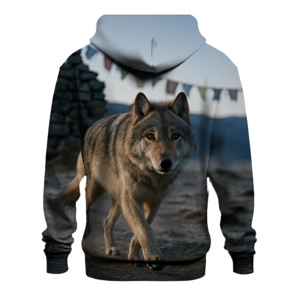 Tibetan Wolf Under Prayer Flags At Dawn heavyweight hoodies