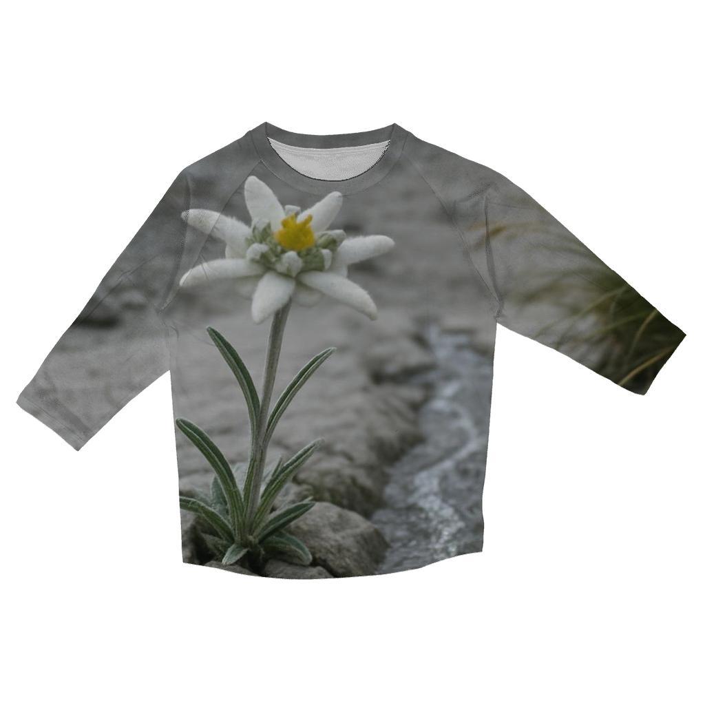 Alpine Edelweiss Beside A Glacial Melt Rill printed three quarter sleeve shirts