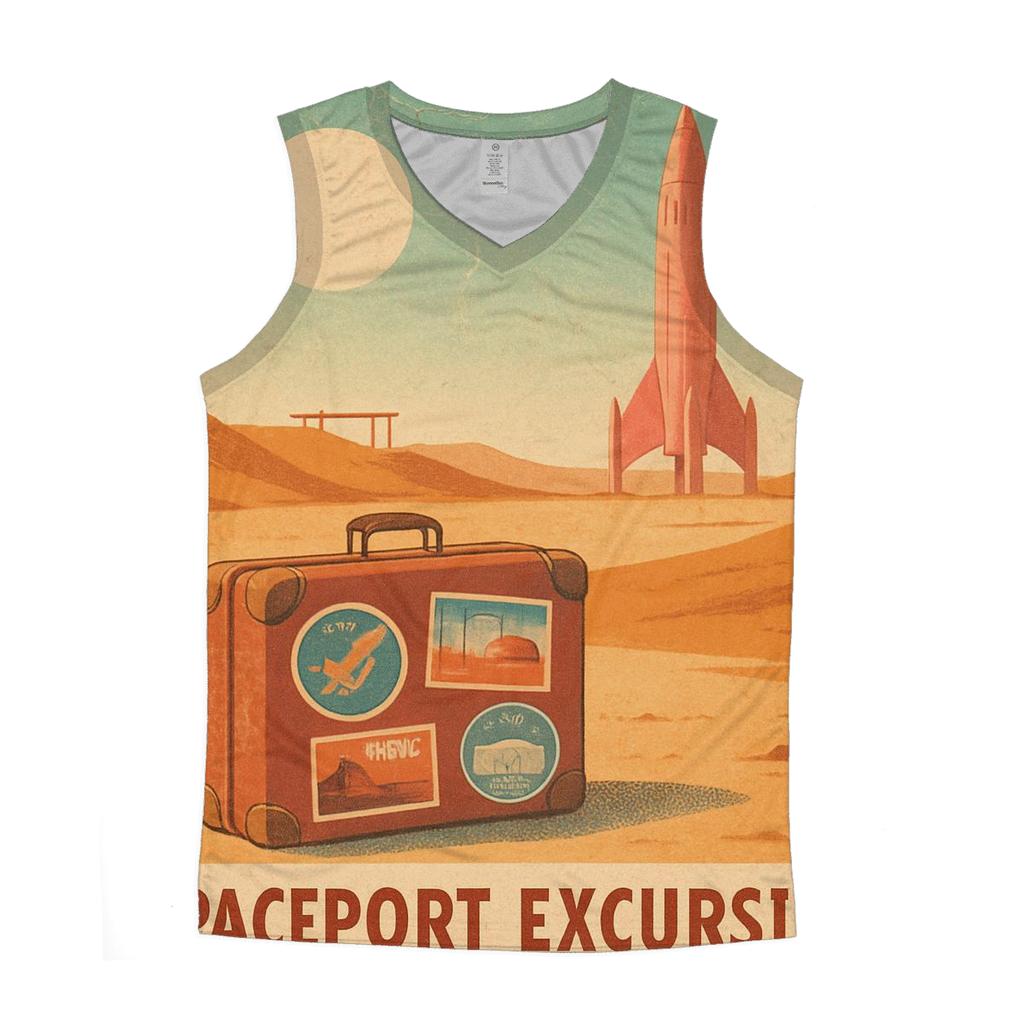 Aged Spaceport Postcard 1976 graphic print tank tops
