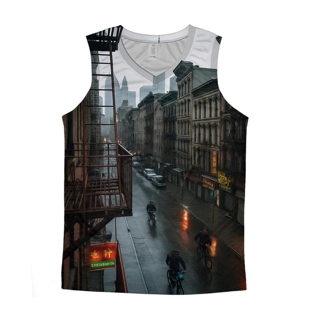 Chinatown Fire Escape View Toward Lower Manhattan After Rain graphic print tank tops
