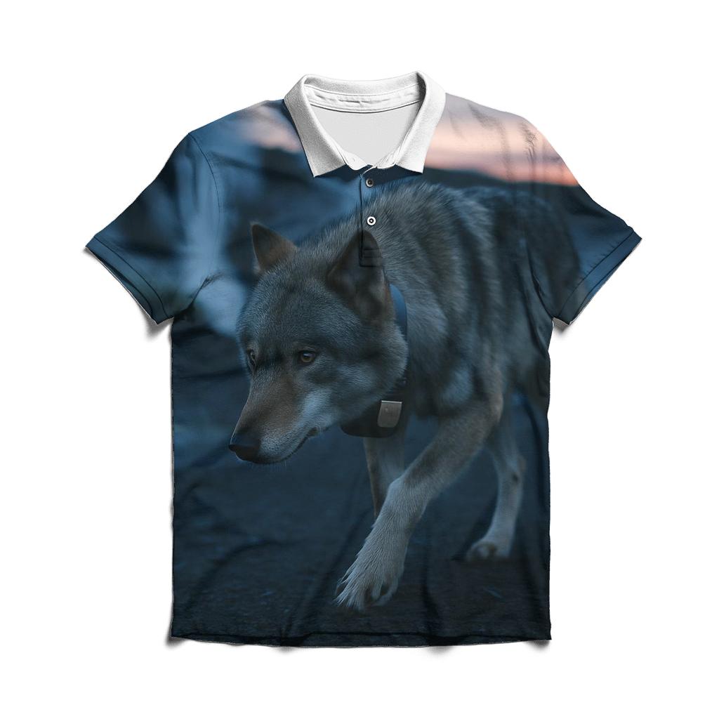 Collared Wolf Crossing A Geothermal Fumarole Field personalized polo shirts