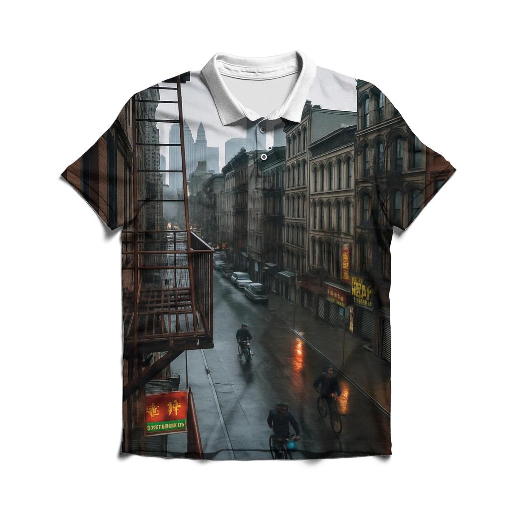 Chinatown Fire Escape View Toward Lower Manhattan After Rain embroidered polo tops