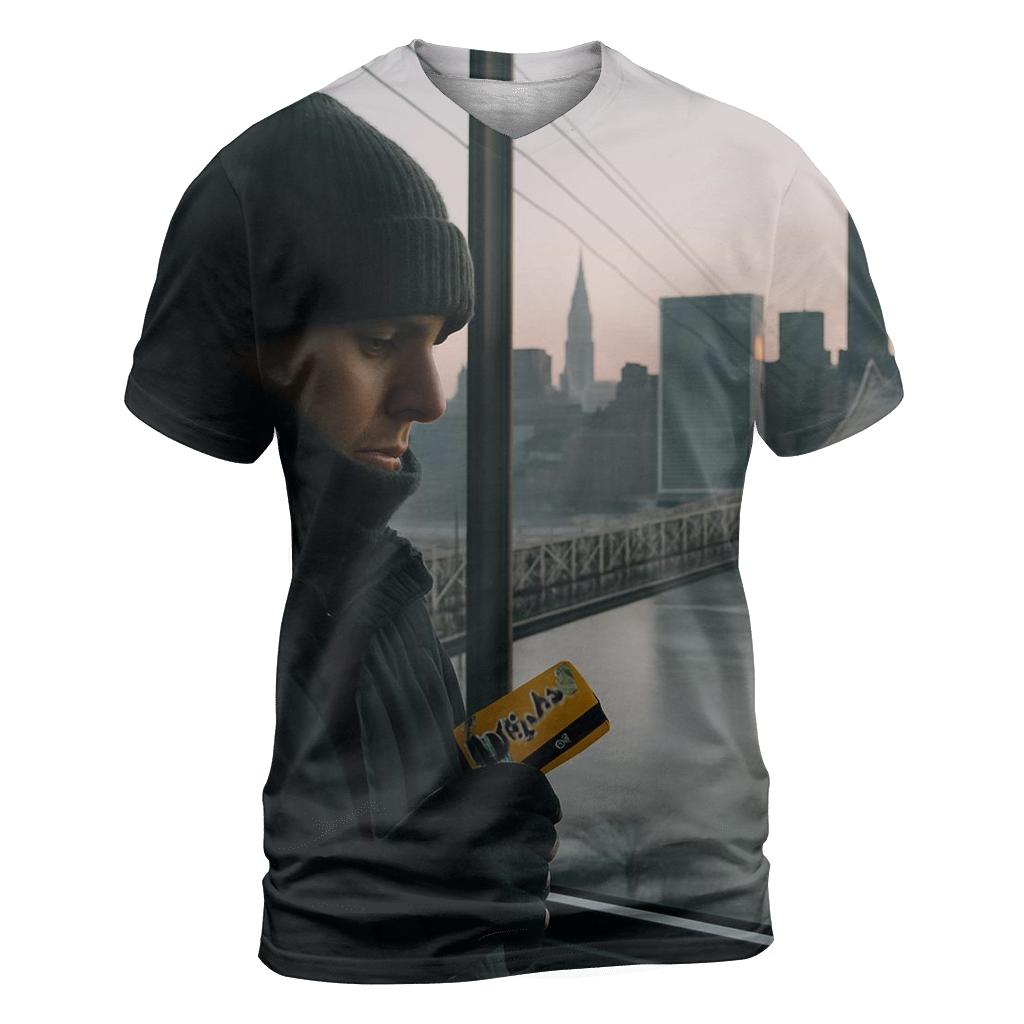 Roosevelt Island Tram Window Skyline At Winter Dawn unique graphic print tees