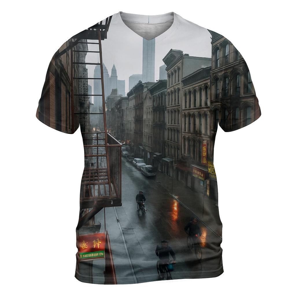Chinatown Fire Escape View Toward Lower Manhattan After Rain statement graphic shirts
