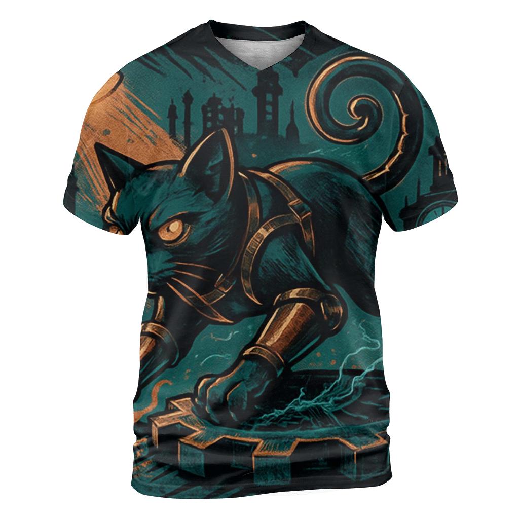 Clockwork Alley Prowler Cat vibrant all-over design tees