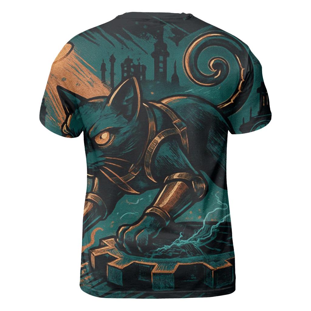 Clockwork Alley Prowler Cat vibrant all-over design tees