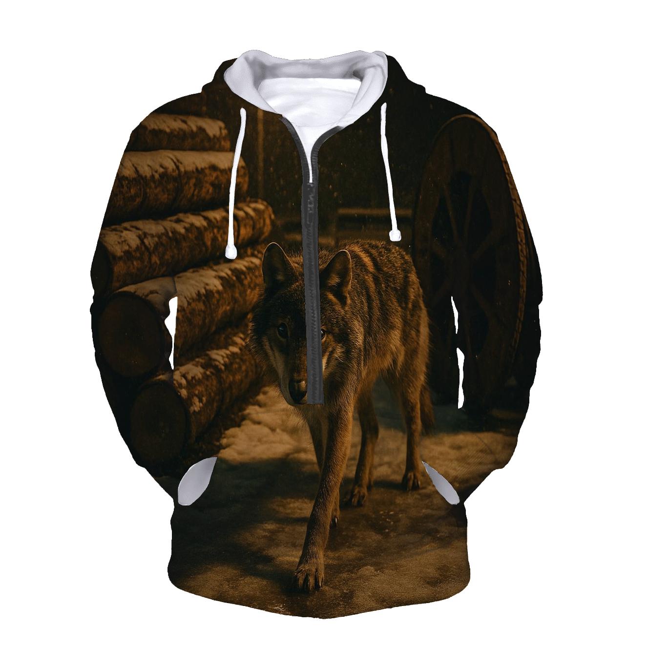Timber Wolf In A Derelict Boreal Logging Yard At Snowfall designer hoodies