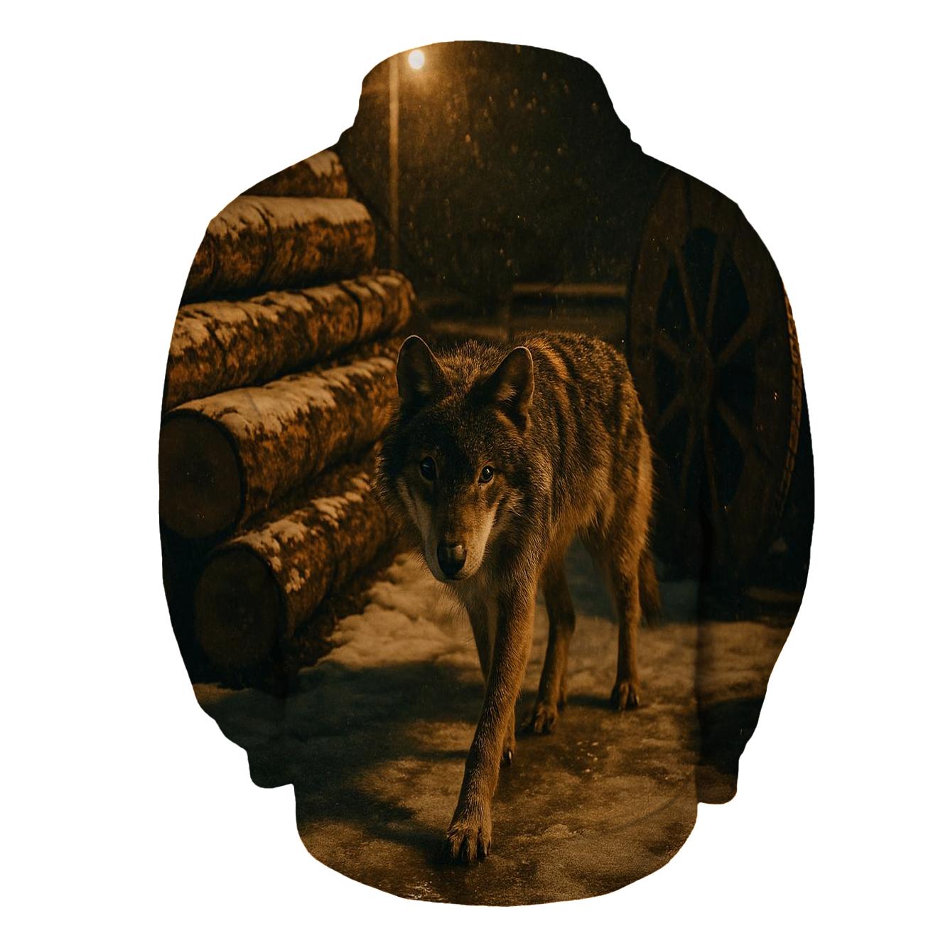 Timber Wolf In A Derelict Boreal Logging Yard At Snowfall designer hoodies