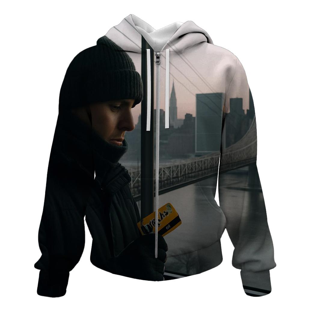 Roosevelt Island Tram Window Skyline At Winter Dawn embroidered hoodies