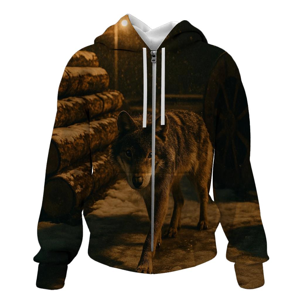 Timber Wolf In A Derelict Boreal Logging Yard At Snowfall designer hoodies