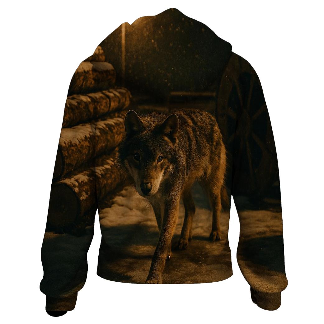 Timber Wolf In A Derelict Boreal Logging Yard At Snowfall designer hoodies