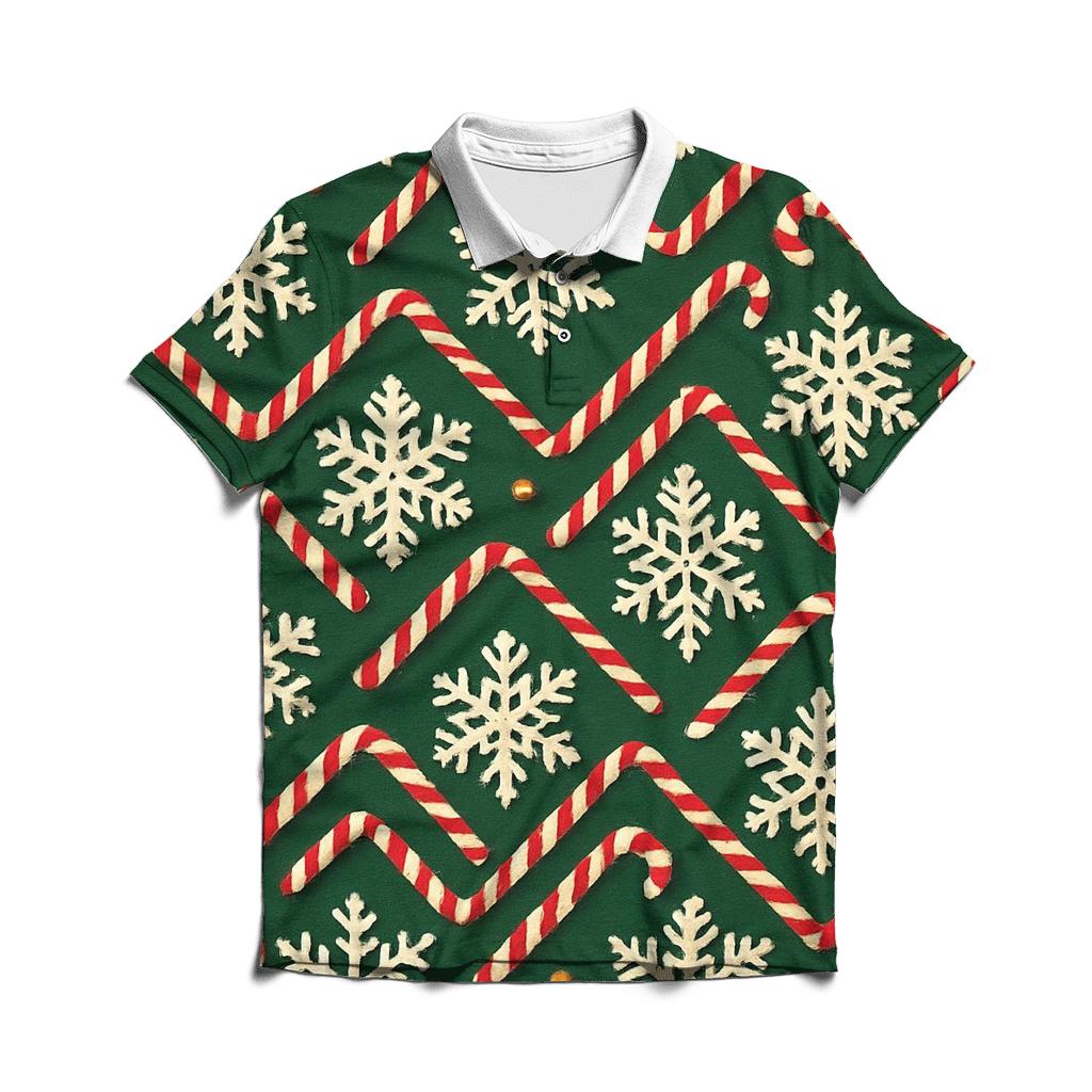 Ivory Snowflake Candy Cane Chevron On Pine Green Background casual sports polo shirts