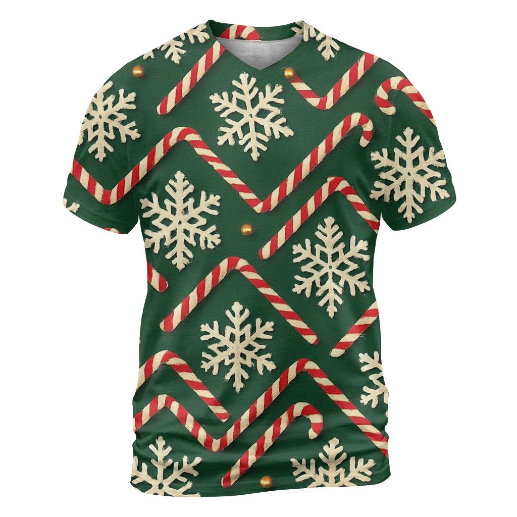 Ivory Snowflake Candy Cane Chevron On Pine Green Background vibrant all-over design tees