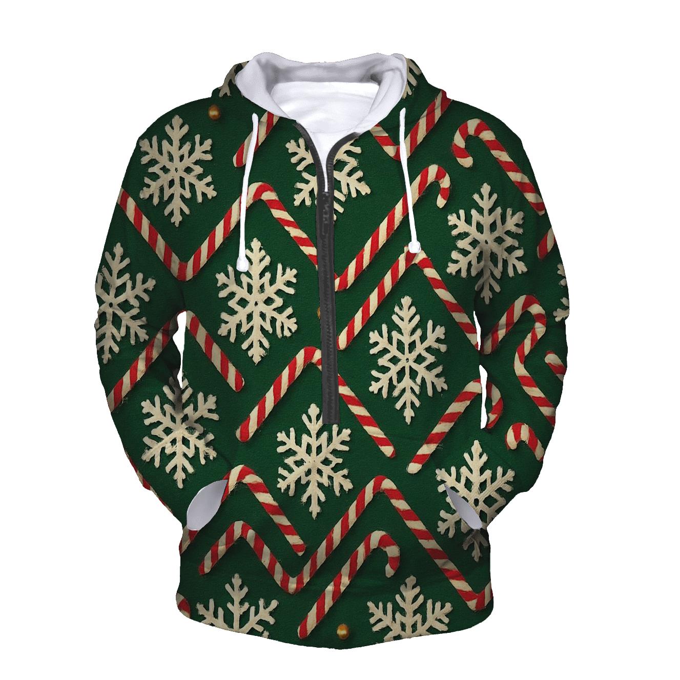Ivory Snowflake Candy Cane Chevron On Pine Green Background hoodie designs
