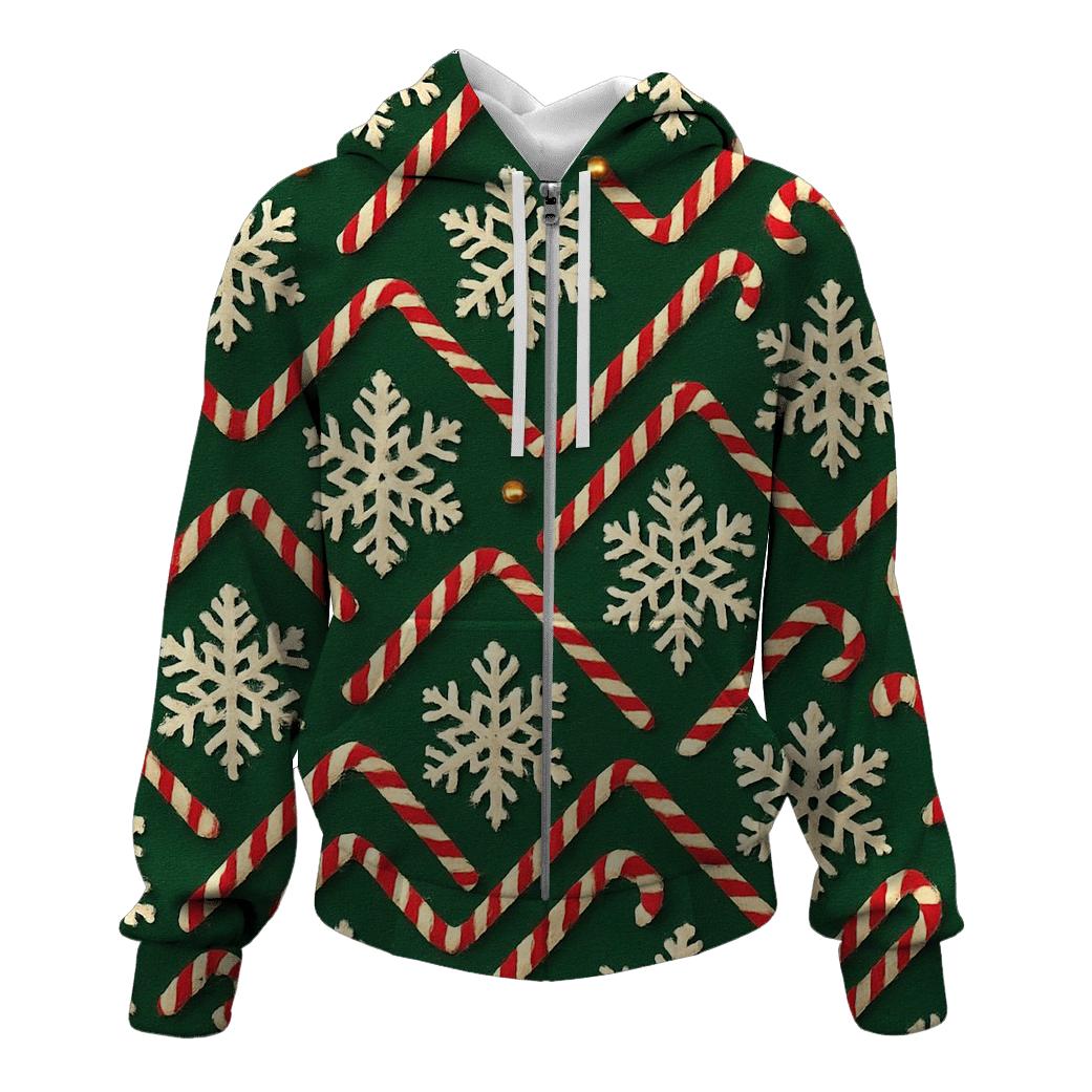 Ivory Snowflake Candy Cane Chevron On Pine Green Background custom hoodies