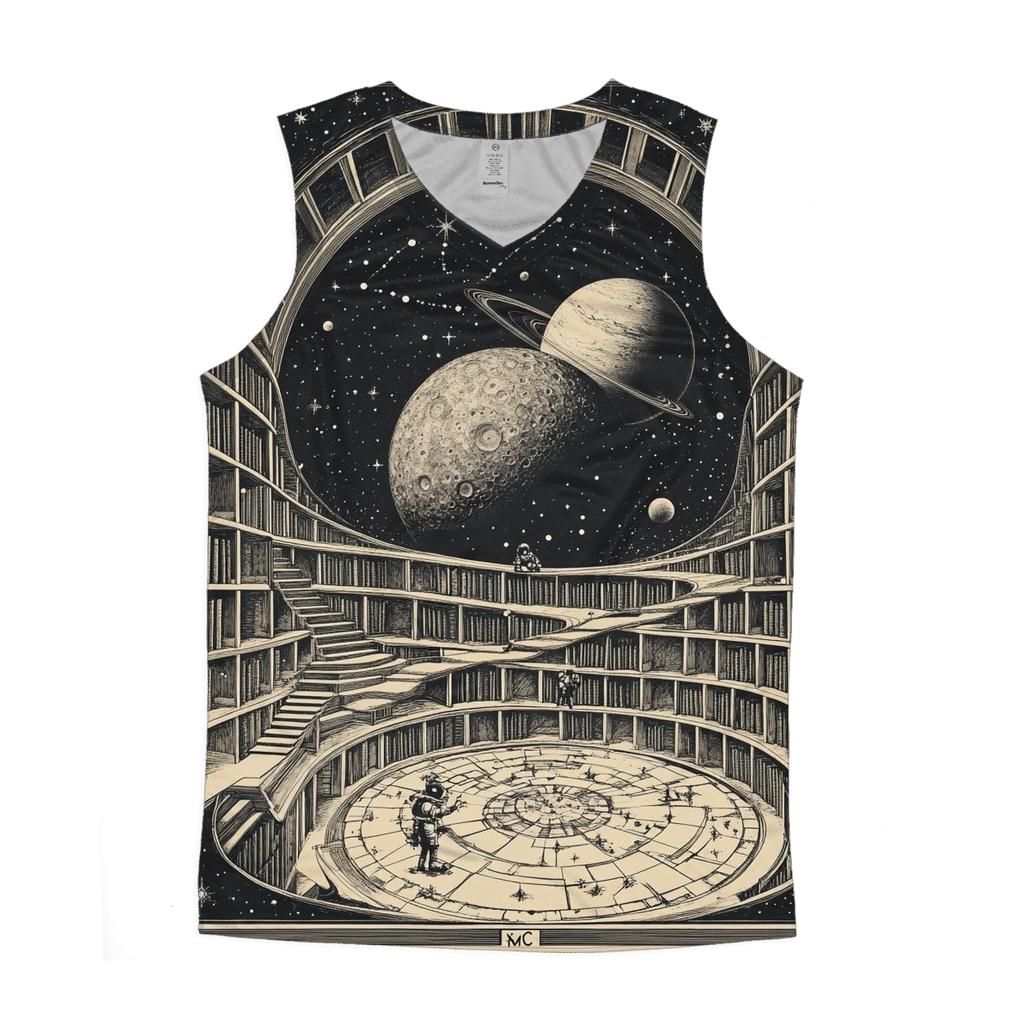 M C Escher Inspired Stairways Through A Lunar Library graphic print tank tops