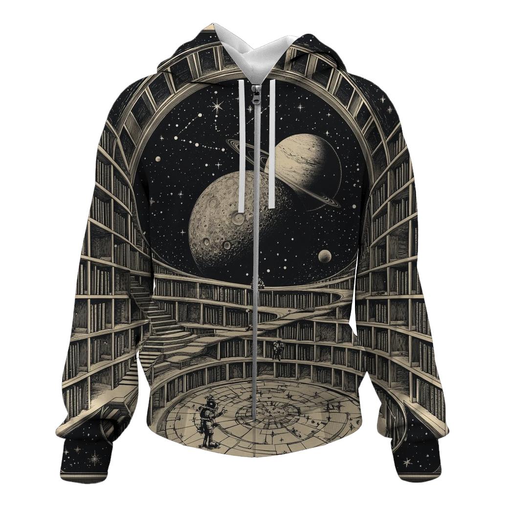 M C Escher Inspired Stairways Through A Lunar Library embroidered hoodies