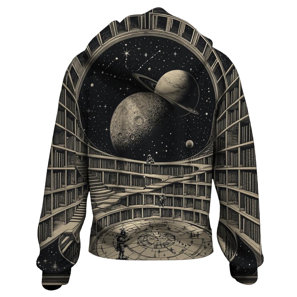M C Escher Inspired Stairways Through A Lunar Library embroidered hoodies