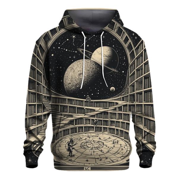 M C Escher Inspired Stairways Through A Lunar Library graphic hoodies