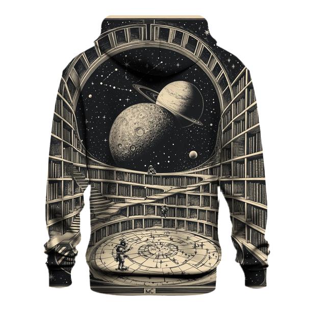 M C Escher Inspired Stairways Through A Lunar Library graphic hoodies