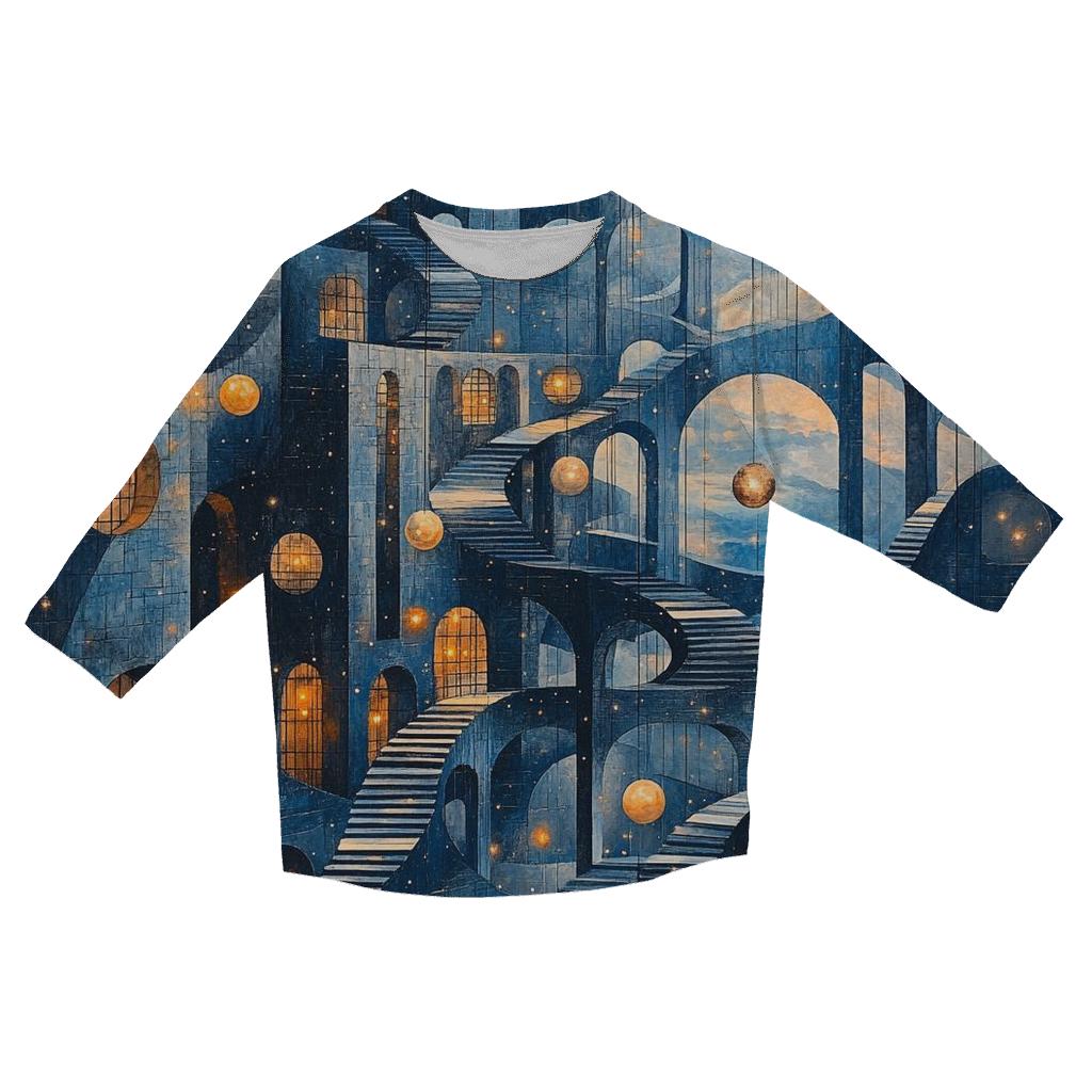 M C Escher Inspired Planetary Bridge Citylights printed three quarter sleeve shirts