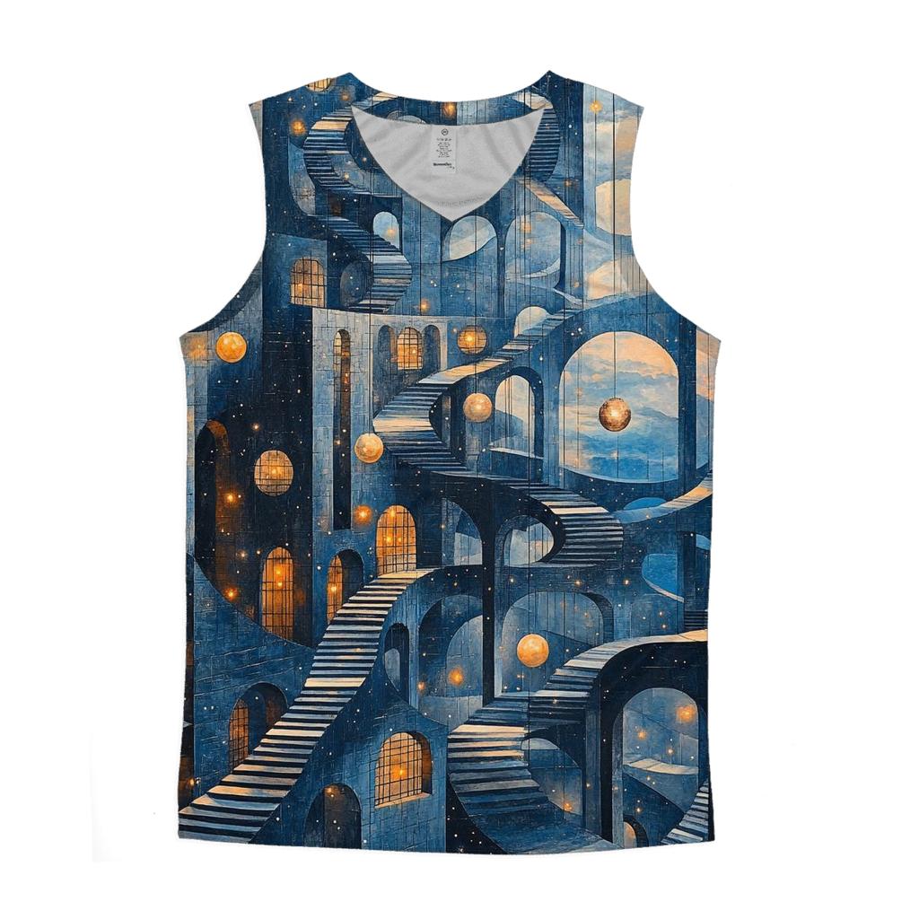 M C Escher Inspired Planetary Bridge Citylights cotton sleeveless tops