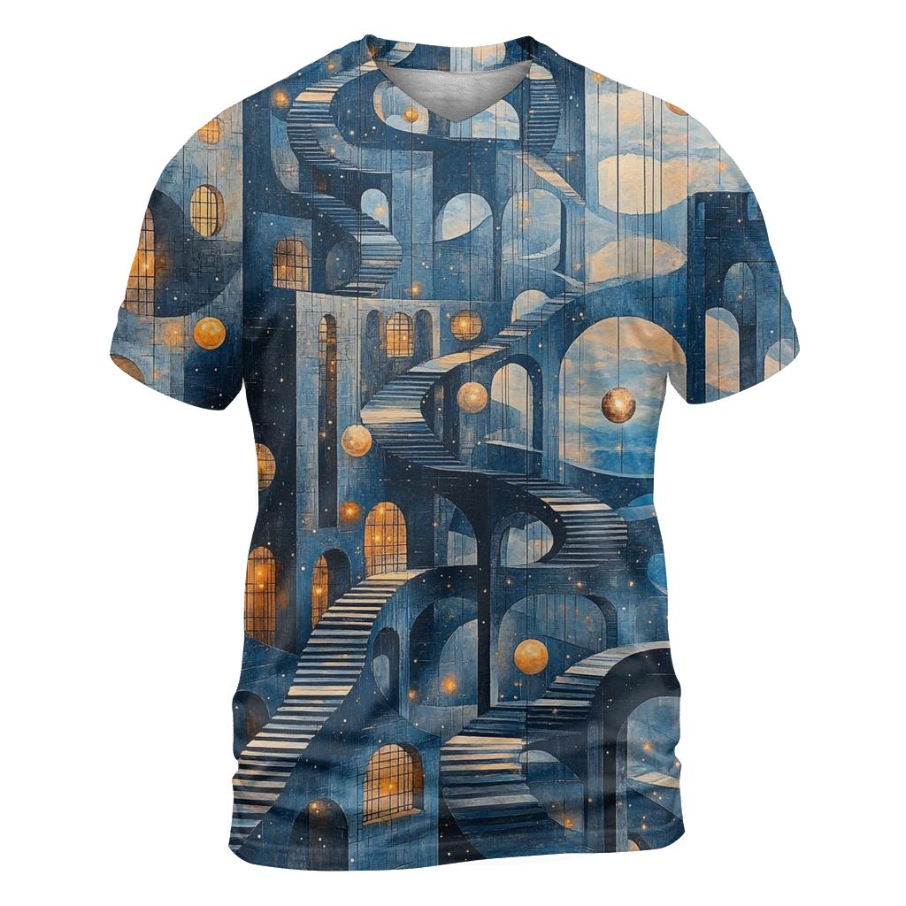 M C Escher Inspired Planetary Bridge Citylights vibrant all-over design tees