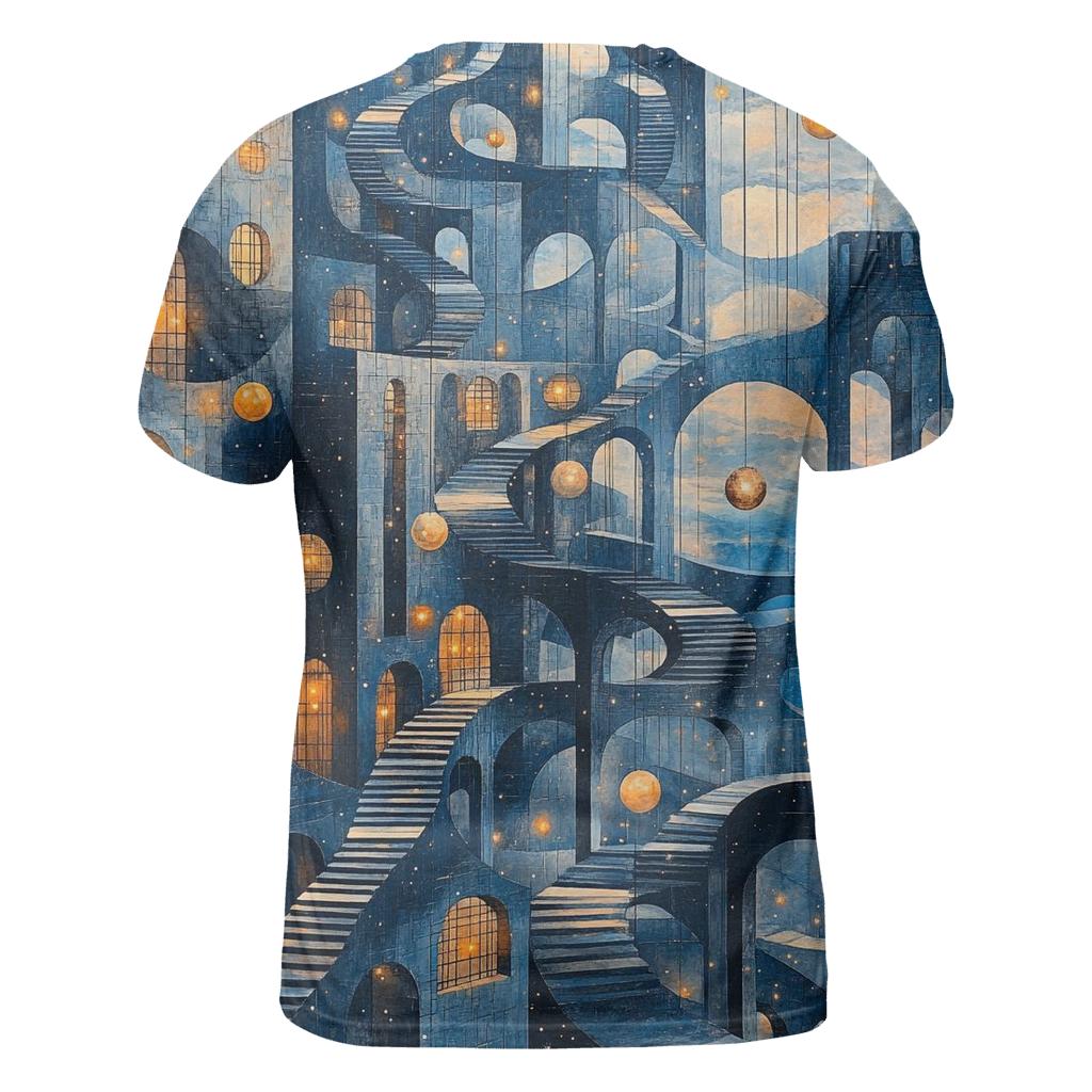 M C Escher Inspired Planetary Bridge Citylights vibrant all-over design tees