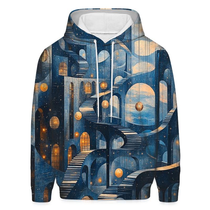 M C Escher Inspired Planetary Bridge Citylights printed hoodies