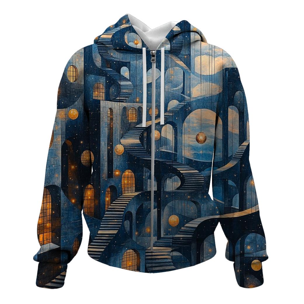 M C Escher Inspired Planetary Bridge Citylights pullover hoodies
