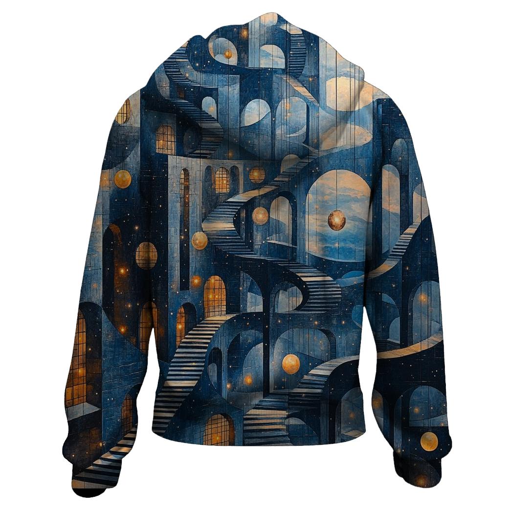 M C Escher Inspired Planetary Bridge Citylights pullover hoodies