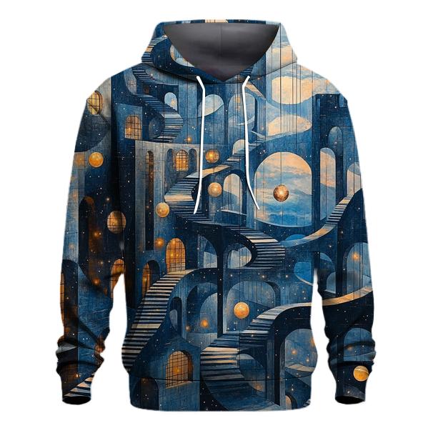 M C Escher Inspired Planetary Bridge Citylights embroidered hoodies