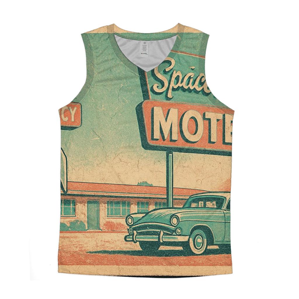 Weathered Space Age Motel Postcard graphic print tank tops
