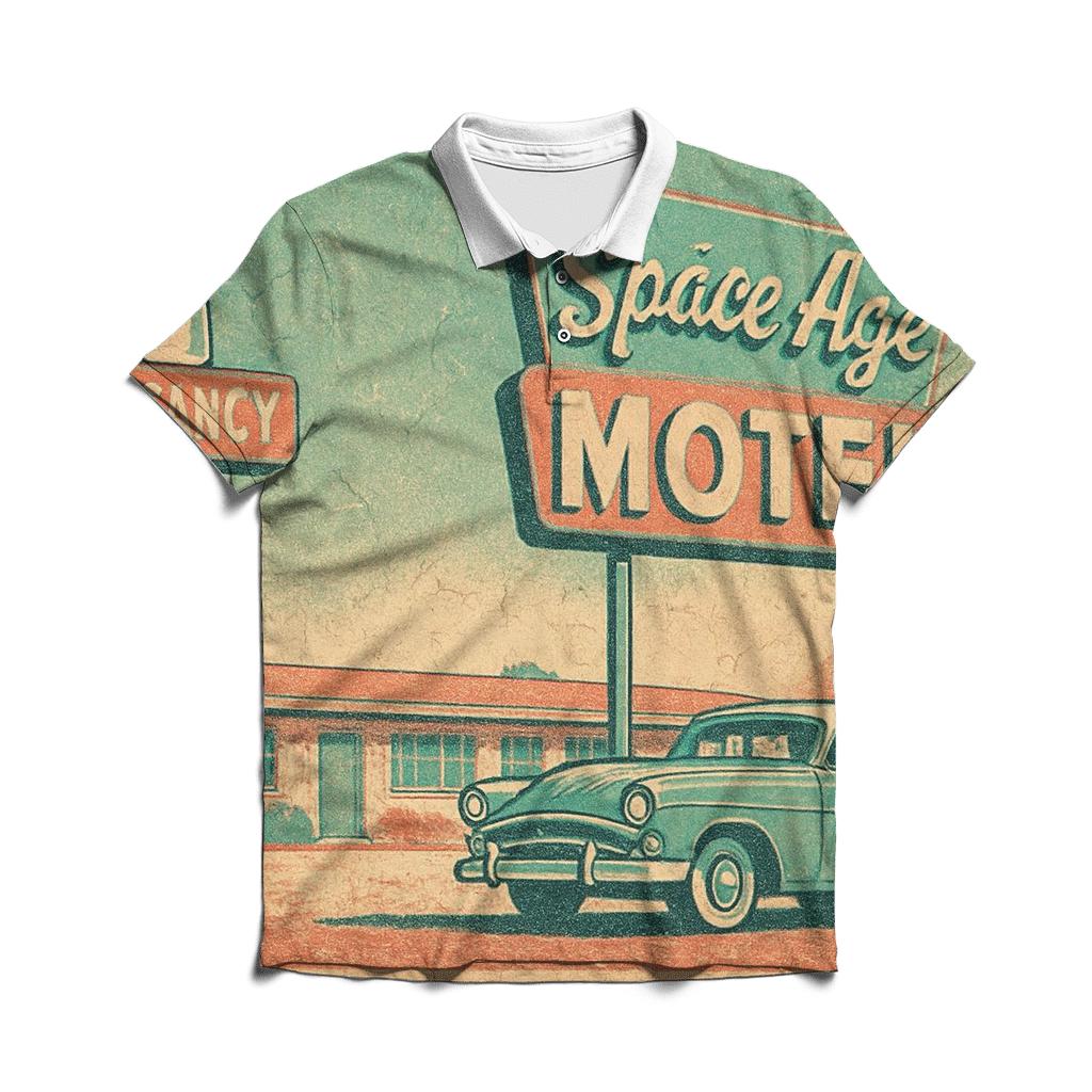 Weathered Space Age Motel Postcard premium cotton polo shirts