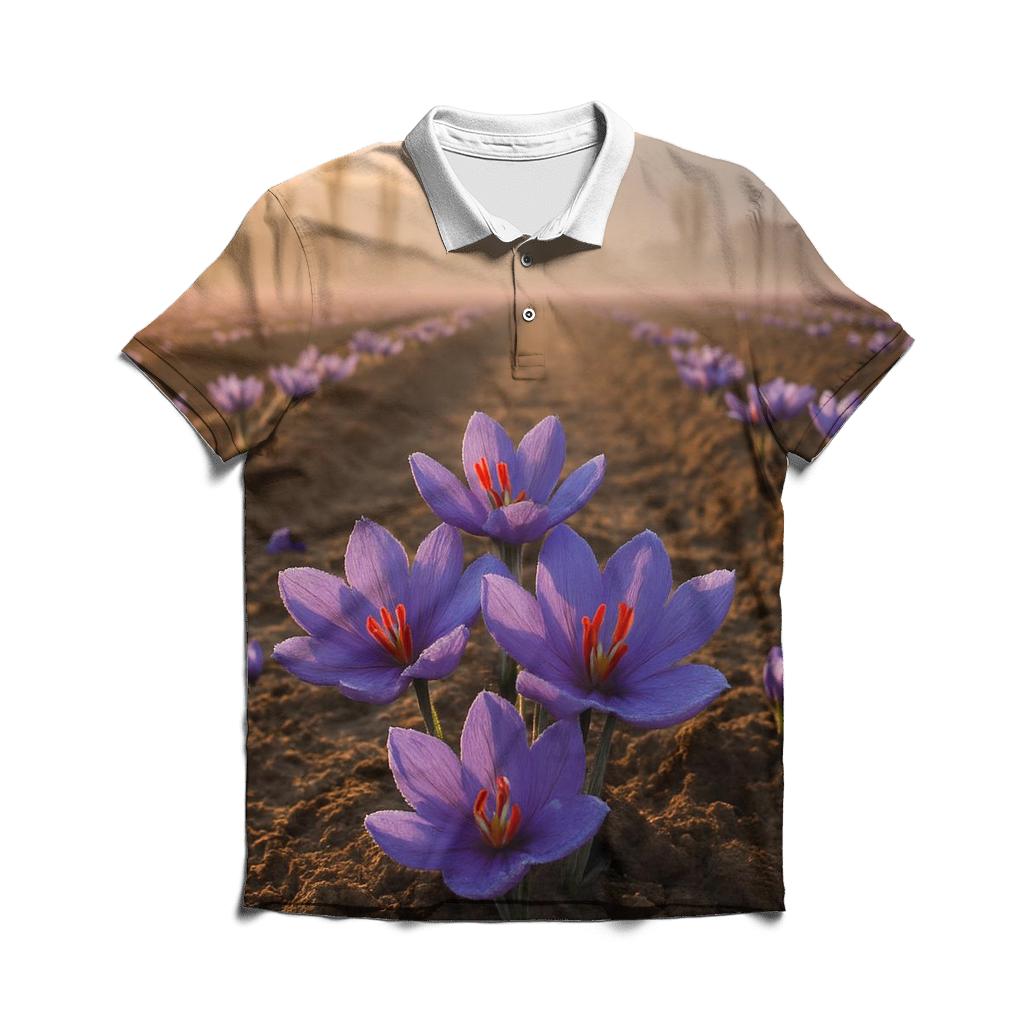 Saffron Crocus Harvest Rows At Dawn In Kashmir Valley branded logo polo shirts